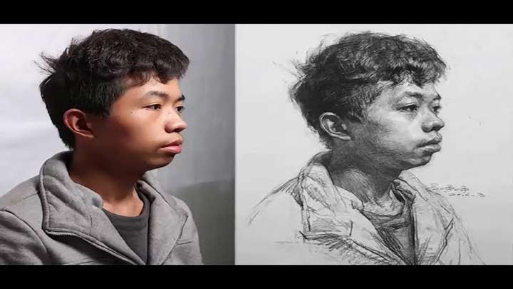 Charcoal pencil drawing of a young man