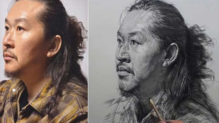 Drawing a man with long hair in pencil charcoal