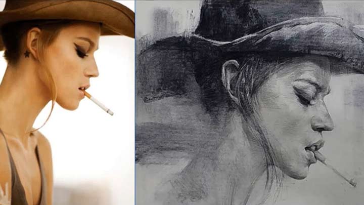 Drawing cowgirl portrait with charcoal graphite