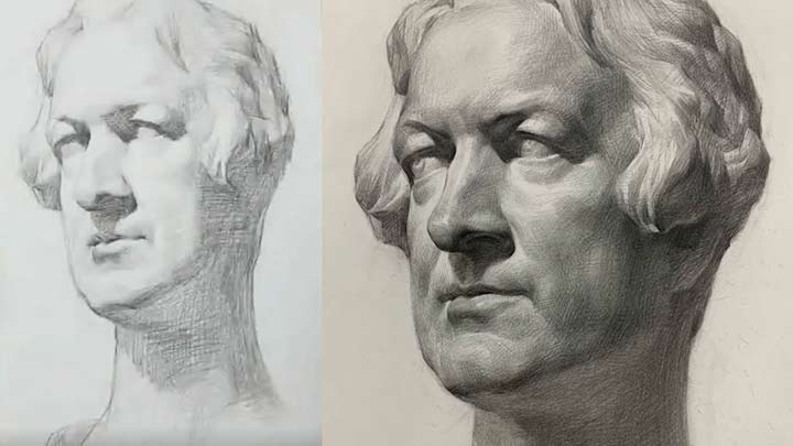 Drawing Head Sculpture Plaster with Pencil