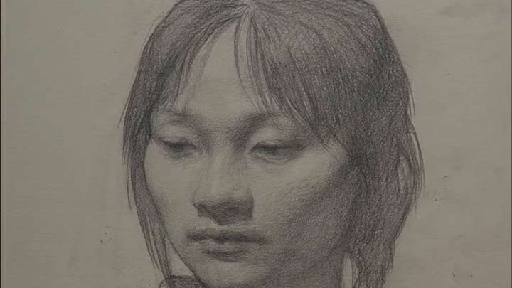 Drawing portrait of girl with pencil