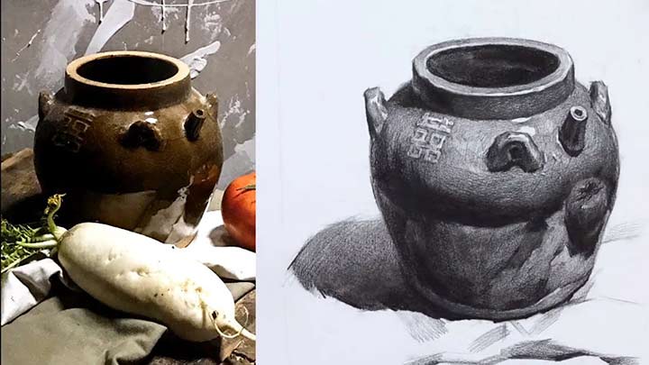 Learn to draw a black pot with charcoal pencil
