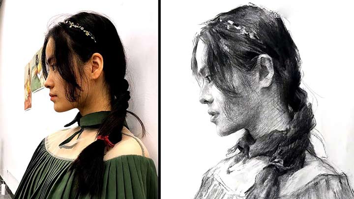 Learn to draw portrait of girl in charcoal