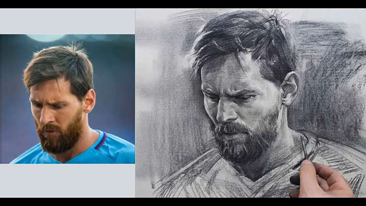 Lionel Messi Portrait Drawing in Charcoal Pencil