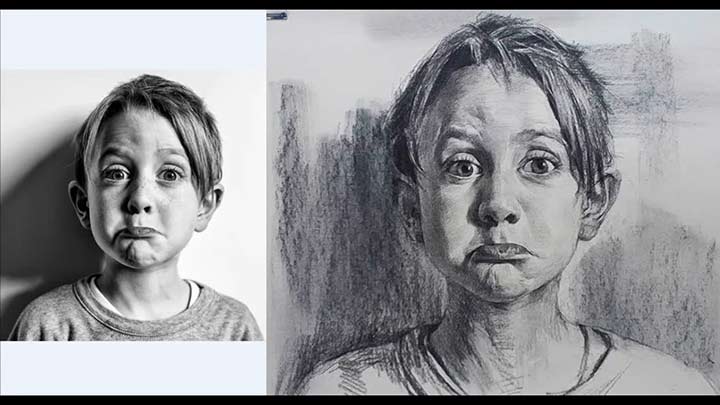 Little girl portrait drawing in charcoal pencil