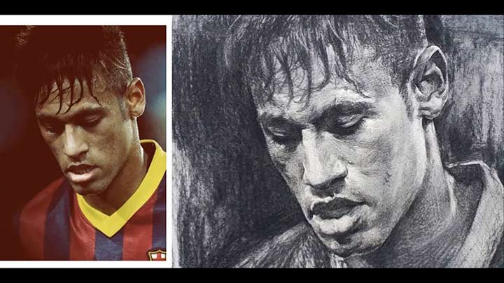 Neymar Jr Portrait Drawing in Charcoal
