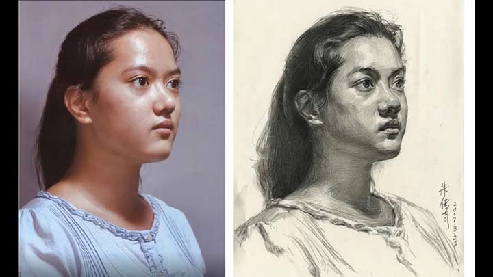 Portrait Drawing from photo model in pencil