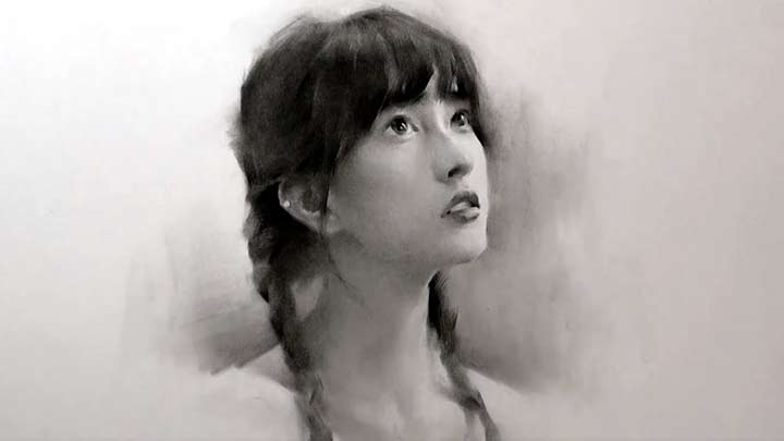 Portrait of beautiful girl in charcoal pencil