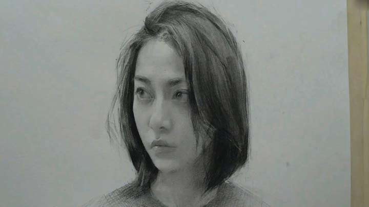 Portrait of Girl Drawing Using Graphite Pencil