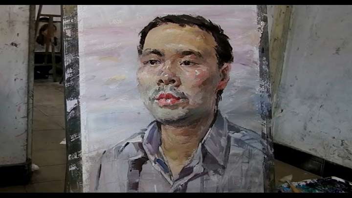 Portrait of the man Painting with Gouache