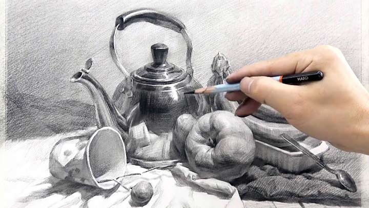 Still-life drawing with Graphite pencil