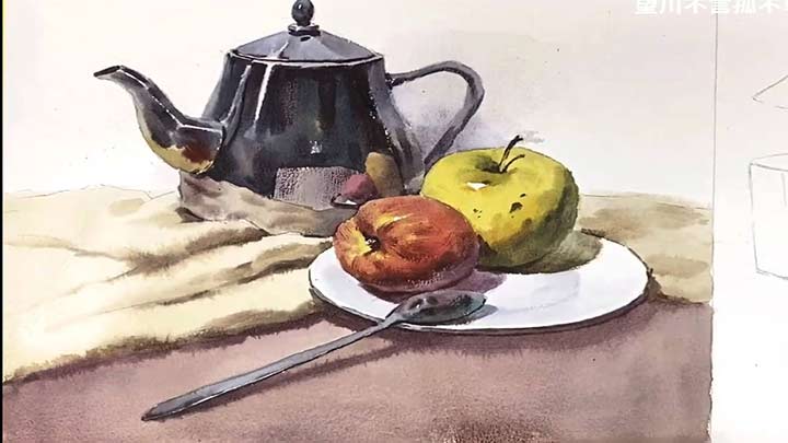 Teacher paints a still-life with watercolor