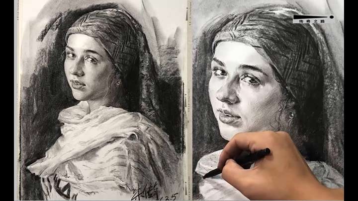 Young Girl Portrait Drawing in Charcoal