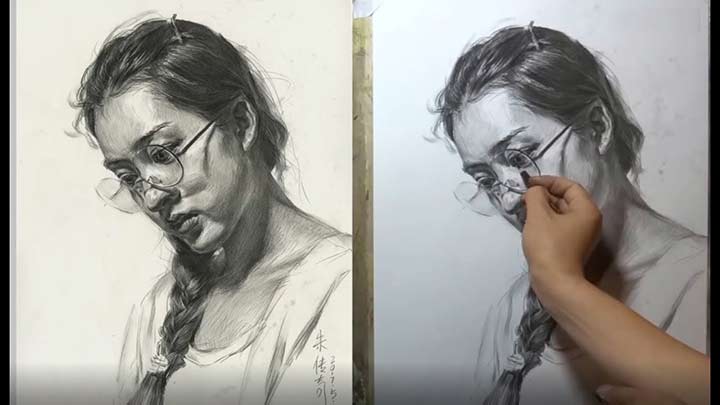 Young Girl Portrait Drawing with charcoal pencil